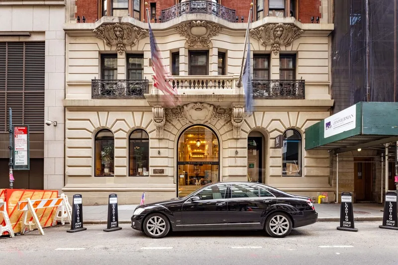 The limestone and brick facade of The Mansfield on West 44th Street